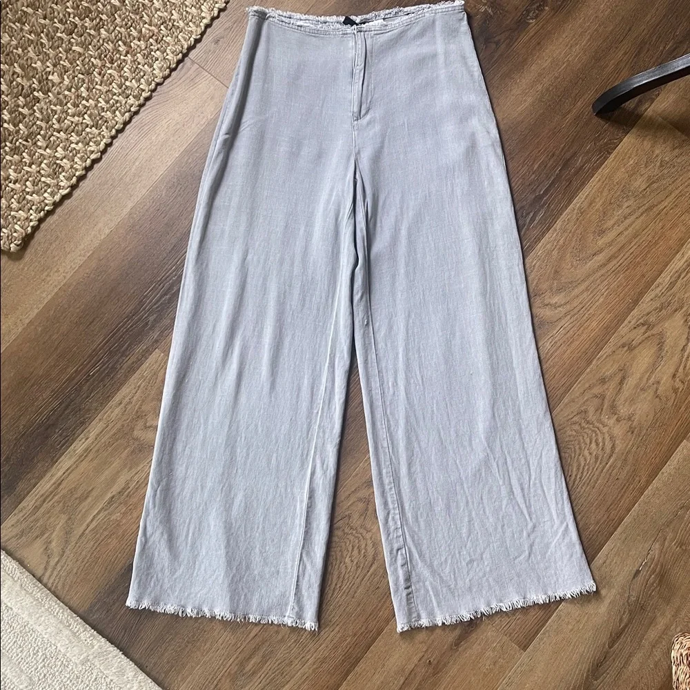 H&M Divided Light Gray Linen Blend Frayed-Hem Wide Leg Pants Back Pockets Size 6